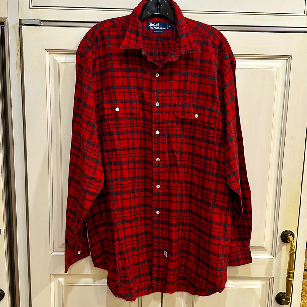 POLO BY RALPH LAUREN MENS COTTON FLANNEL RED & BLACK PLAID SHIRT WITH 2 POCKETS